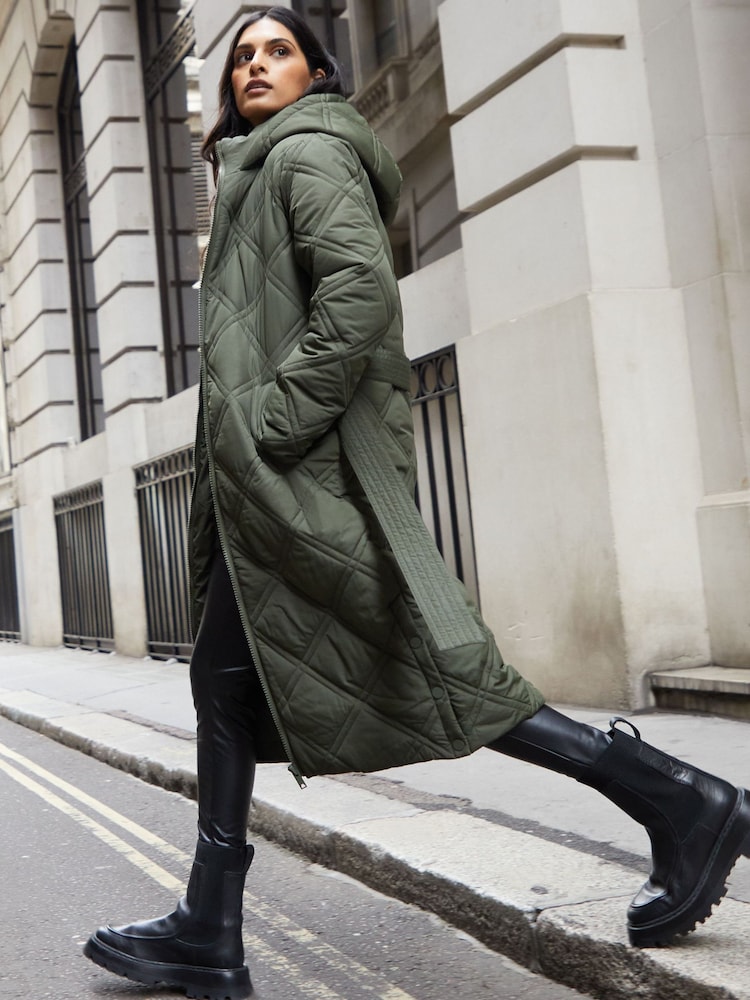 Threadbare Green Belted Diamond Quilt Coat - Image 1 of 5