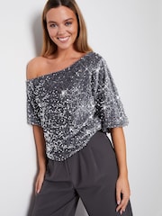 Threadbare Silver Sequin Velour Drop Shoulder Top - Image 2 of 6