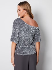 Threadbare Silver Sequin Velour Drop Shoulder Top - Image 3 of 6