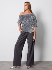 Threadbare Silver Sequin Velour Drop Shoulder Top - Image 4 of 6