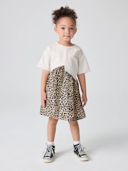 smALLSAINTS Natural Younger Girls Logo Leopard Print Asymmetric T-Shirt 100% Cotton Dress - Image 1 of 3