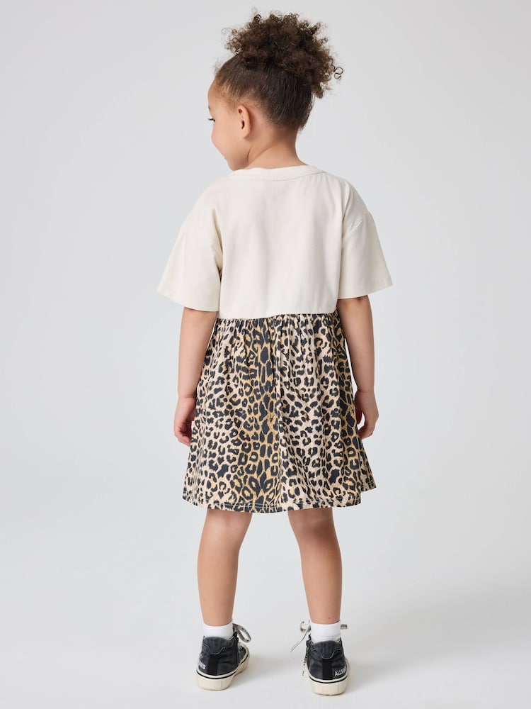 smALLSAINTS Natural Younger Girls Logo Leopard Print Asymmetric T-Shirt 100% Cotton Dress - Image 2 of 3 smALLSAINTS Natural Younger Girls Logo Leopard Print Asymmetric T-Shirt 100% Cotton Dress - Image 2 of 3