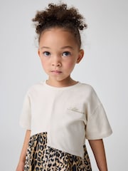 smALLSAINTS Natural Younger Girls Logo Leopard Print Asymmetric T-Shirt 100% Cotton Dress - Image 3 of 3