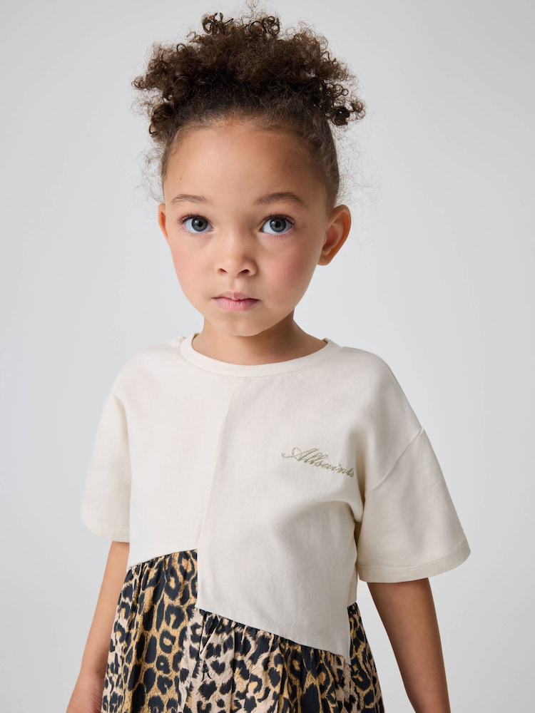 smALLSAINTS Natural Younger Girls Logo Leopard Print Asymmetric T-Shirt 100% Cotton Dress - Image 3 of 3 smALLSAINTS Natural Younger Girls Logo Leopard Print Asymmetric T-Shirt 100% Cotton Dress - Image 3 of 3