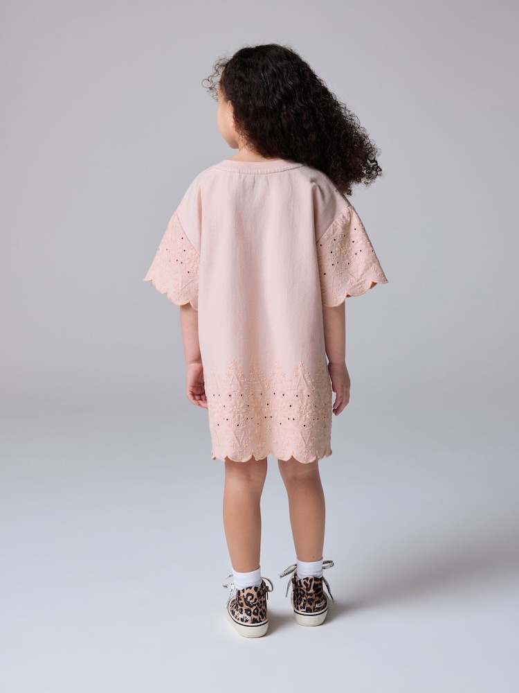 smALLSAINTS Pink Younger Girls Oversized Broderie 100% Cotton T-Shirt Dress - Image 5 of 8