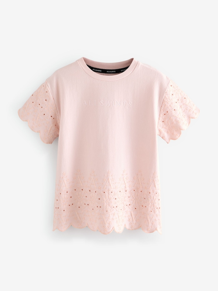 smALLSAINTS Pink Younger Girls Oversized Broderie 100% Cotton T-Shirt Dress - Image 7 of 8