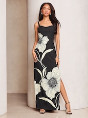 Lipsy Black & White Floral Stem Printed Strappy Midi Dress - Image 1 of 4