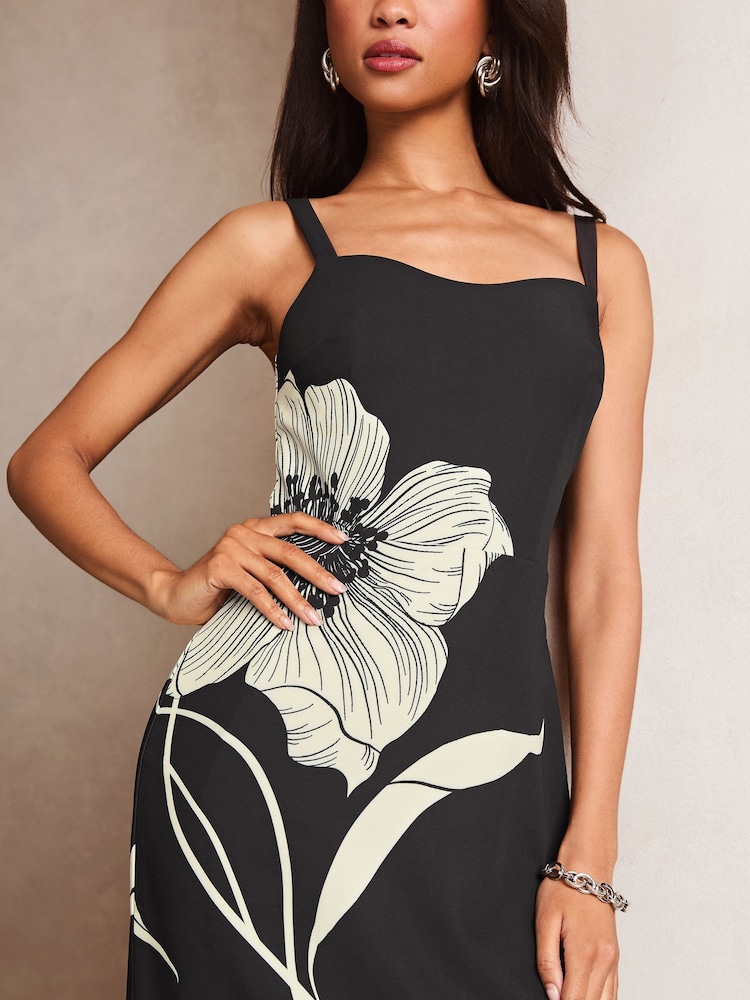 Lipsy Black & White Floral Stem Printed Strappy Midi Dress - Image 2 of 4
