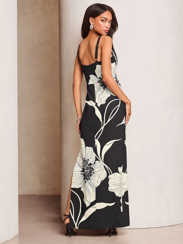 Lipsy Black & White Floral Stem Printed Strappy Midi Dress - Image 4 of 4