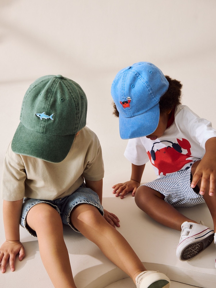 Shark/Crab Washed Caps 2 Pack (3mths-10yrs) - Image 1 of 6 Shark/Crab Washed Caps 2 Pack (3mths-10yrs) - Image 1 of 6