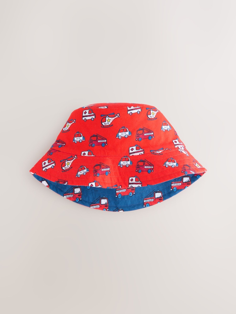 Red/Blue Emergency Vehicles Print Reversible Bucket 100% Cotton Hat (3mths-10yrs) - Image 1 of 4