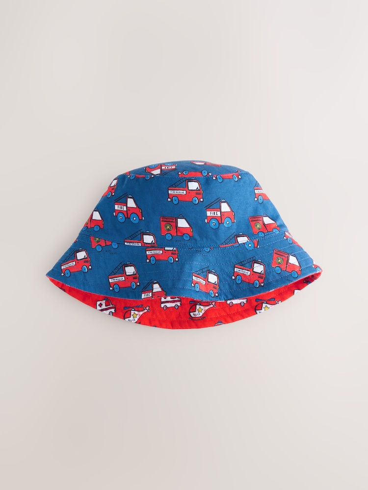 Red/Blue Emergency Vehicles Print Reversible Bucket 100% Cotton Hat (3mths-10yrs) - Image 2 of 4