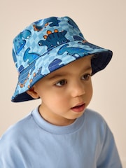 Blue Dinosaur Print Reversible Bucket 100% Cotton Hat (3mths-10yrs) - Image 1 of 8