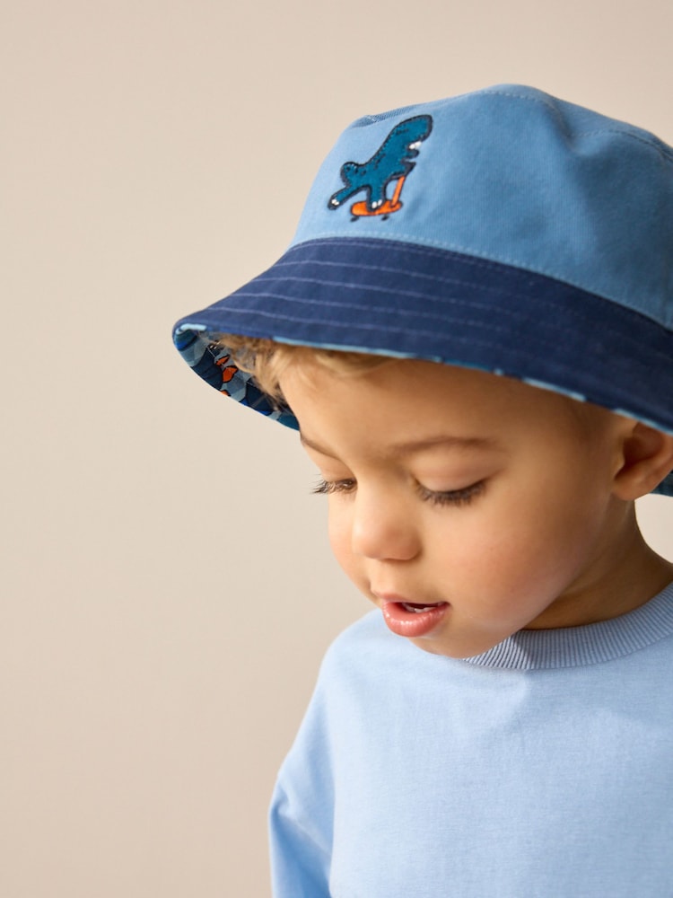 Blue Dinosaur Print Reversible Bucket 100% Cotton Hat (3mths-10yrs) - Image 2 of 8