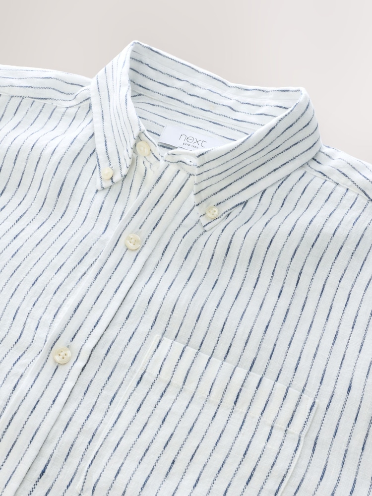 Navy Blue Signature 100% Linen Stripe Long Sleeve Shirt - Image 2 of 3