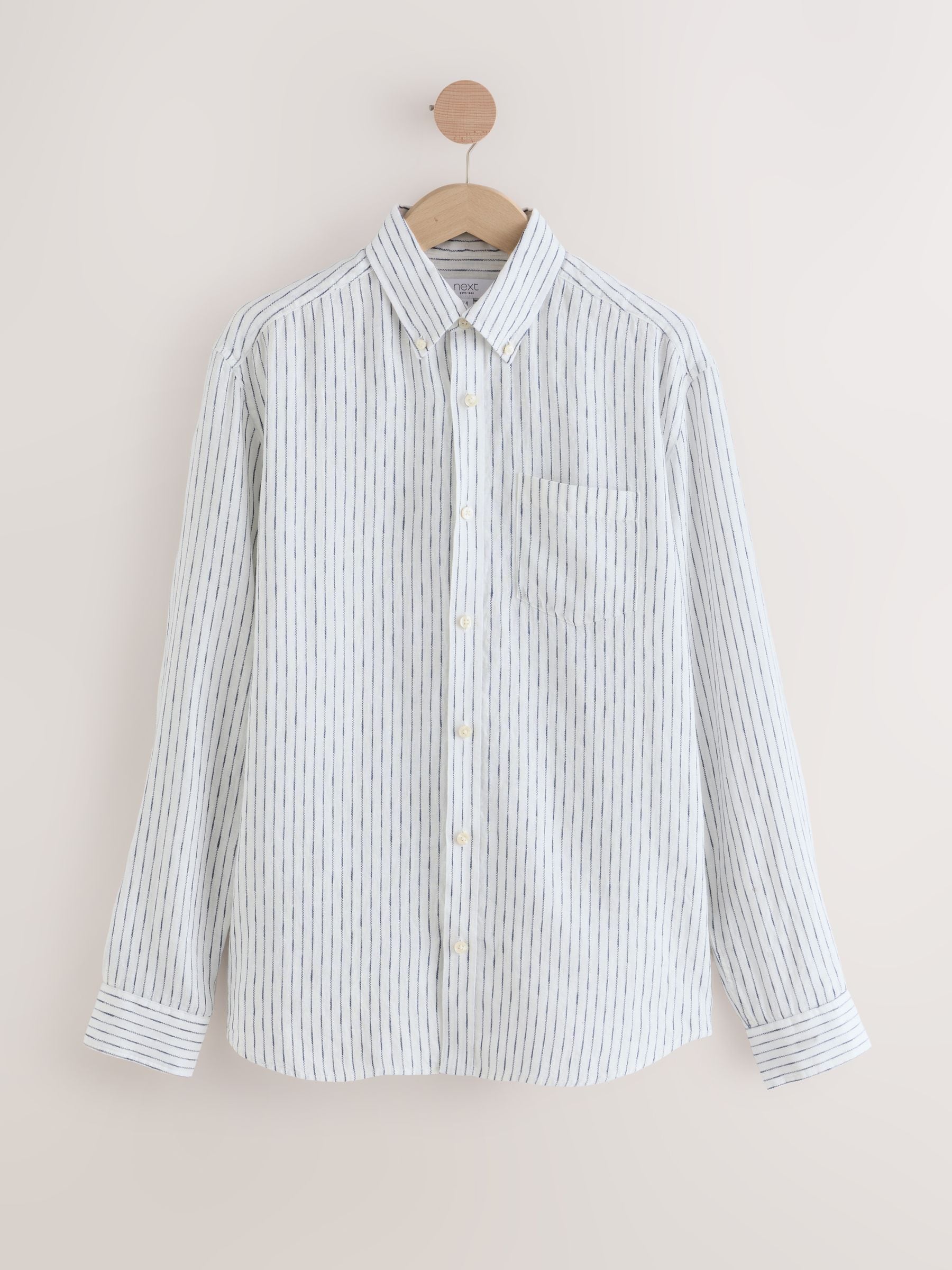 Buy Navy Blue Signature 100% Linen Stripe Long Sleeve Shirt from