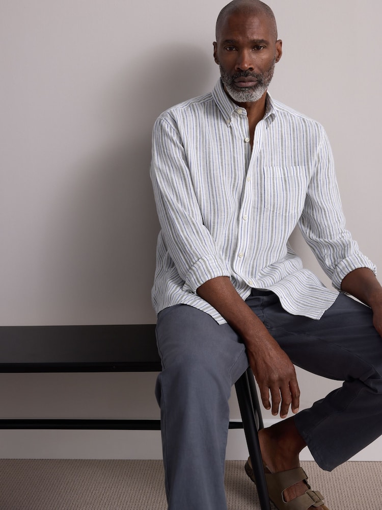 Green Signature 100% Linen Stripe Long Sleeve Shirt - Image 1 of 5