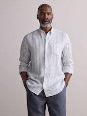 Green Signature 100% Linen Stripe Long Sleeve Shirt - Image 2 of 5