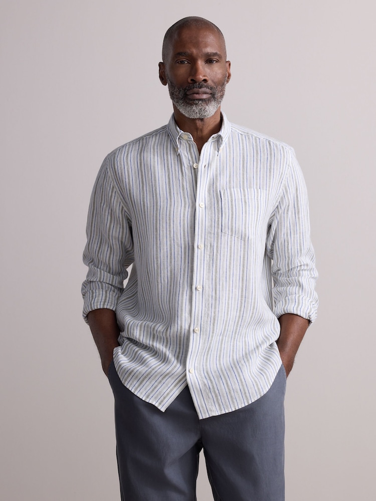 Green Signature 100% Linen Stripe Long Sleeve Shirt - Image 2 of 5