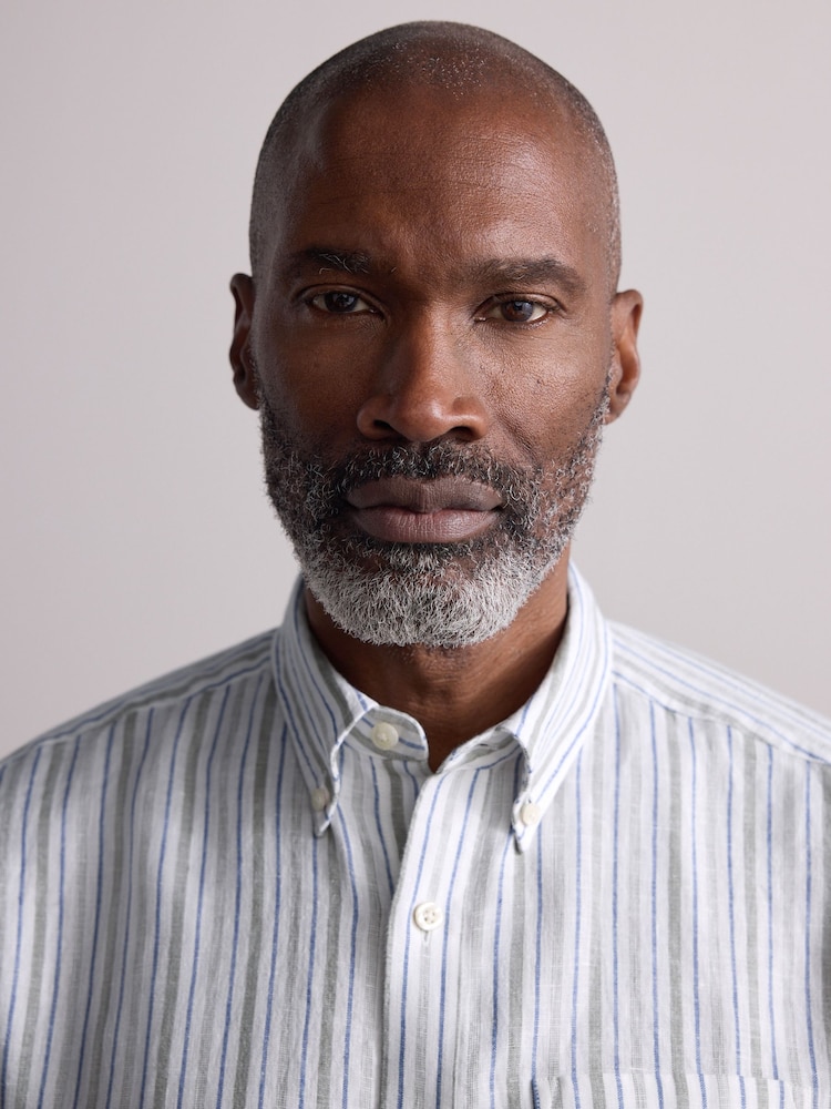 Green Signature 100% Linen Stripe Long Sleeve Shirt - Image 5 of 5