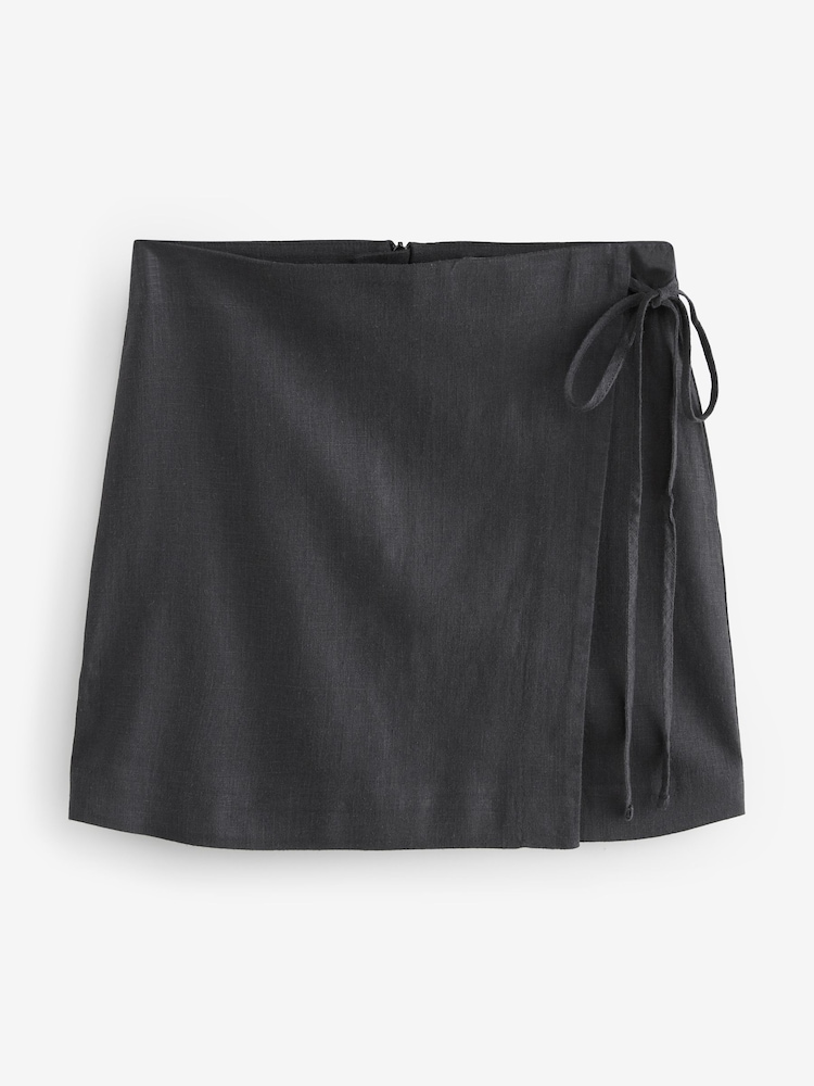 Black Linen Rich Wrap Mini Skirt - Image 6 of 8