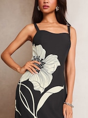 Lipsy Black/White Petite Floral Stem Printed Strappy Midi Dress - Image 2 of 4