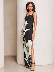 Lipsy Black/White Petite Floral Stem Printed Strappy Midi Dress - Image 3 of 4