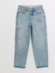 River Island Blue Mom Girls Embroidered 100% Cotton Jeans - Image 1 of 3