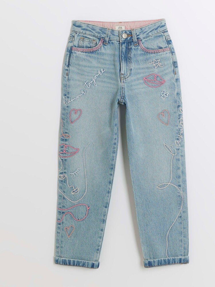 River Island Blue Mom Girls Embroidered 100% Cotton Jeans - Image 1 of 3