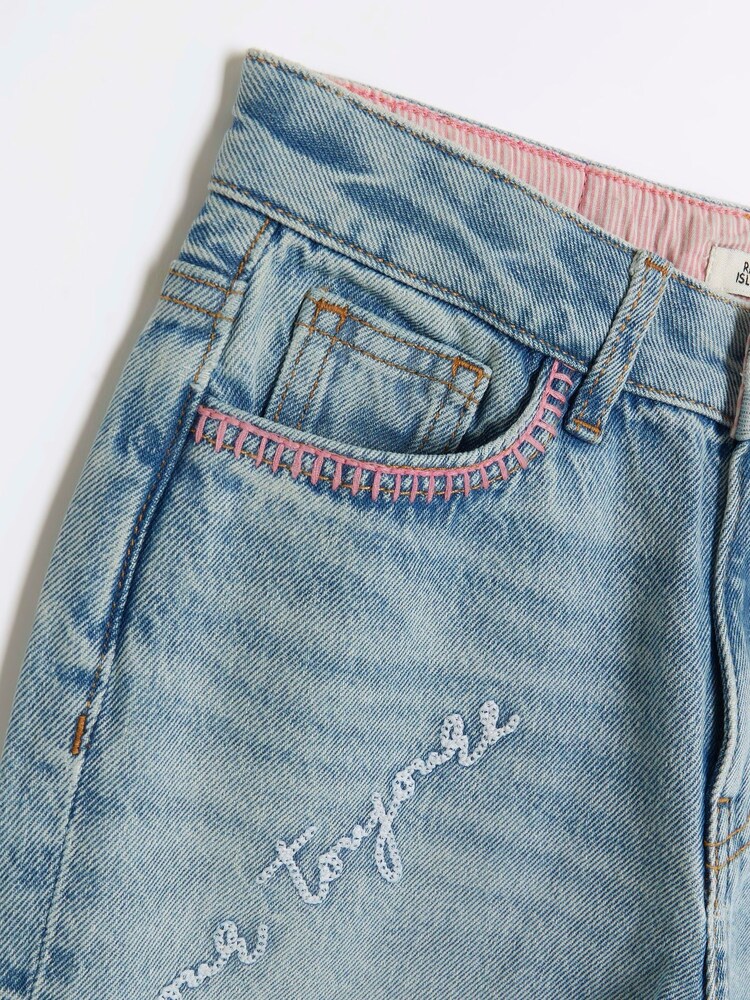 River Island Blue Mom Girls Embroidered 100% Cotton Jeans - Image 2 of 3