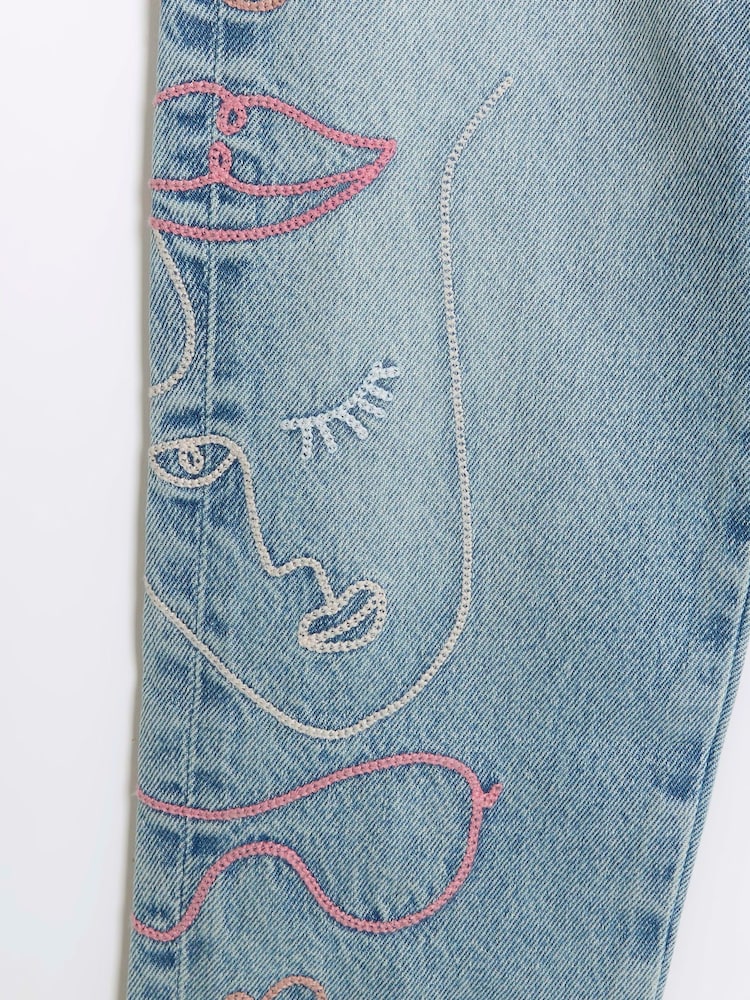 River Island Blue Mom Girls Embroidered 100% Cotton Jeans - Image 3 of 3