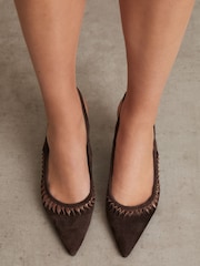 Reiss Chocolate Cecily Suede Twist Detail Slingback Court Shoes - Image 6 of 6