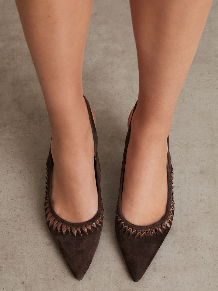 Reiss Chocolate Cecily Suede Twist Detail Slingback Court Shoes - Image 6 of 6