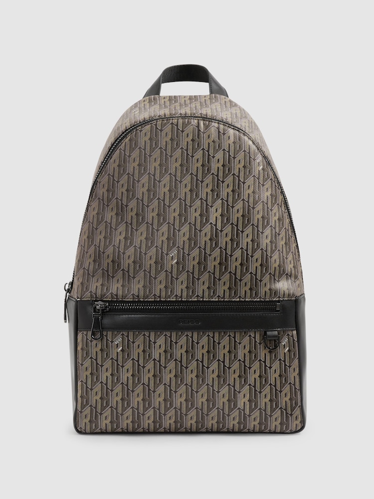 Reiss Grey Multi Flynn Monogram-Print Coated-Canvas Backpack - Image 1 of 5