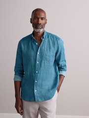 Azul - Camisa de manga comprida com estampa exclusiva 100% de linho - Imagem 2 de 7
