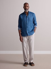 Azul - Camisa de manga comprida com estampa exclusiva 100% de linho - Imagem 4 de 7