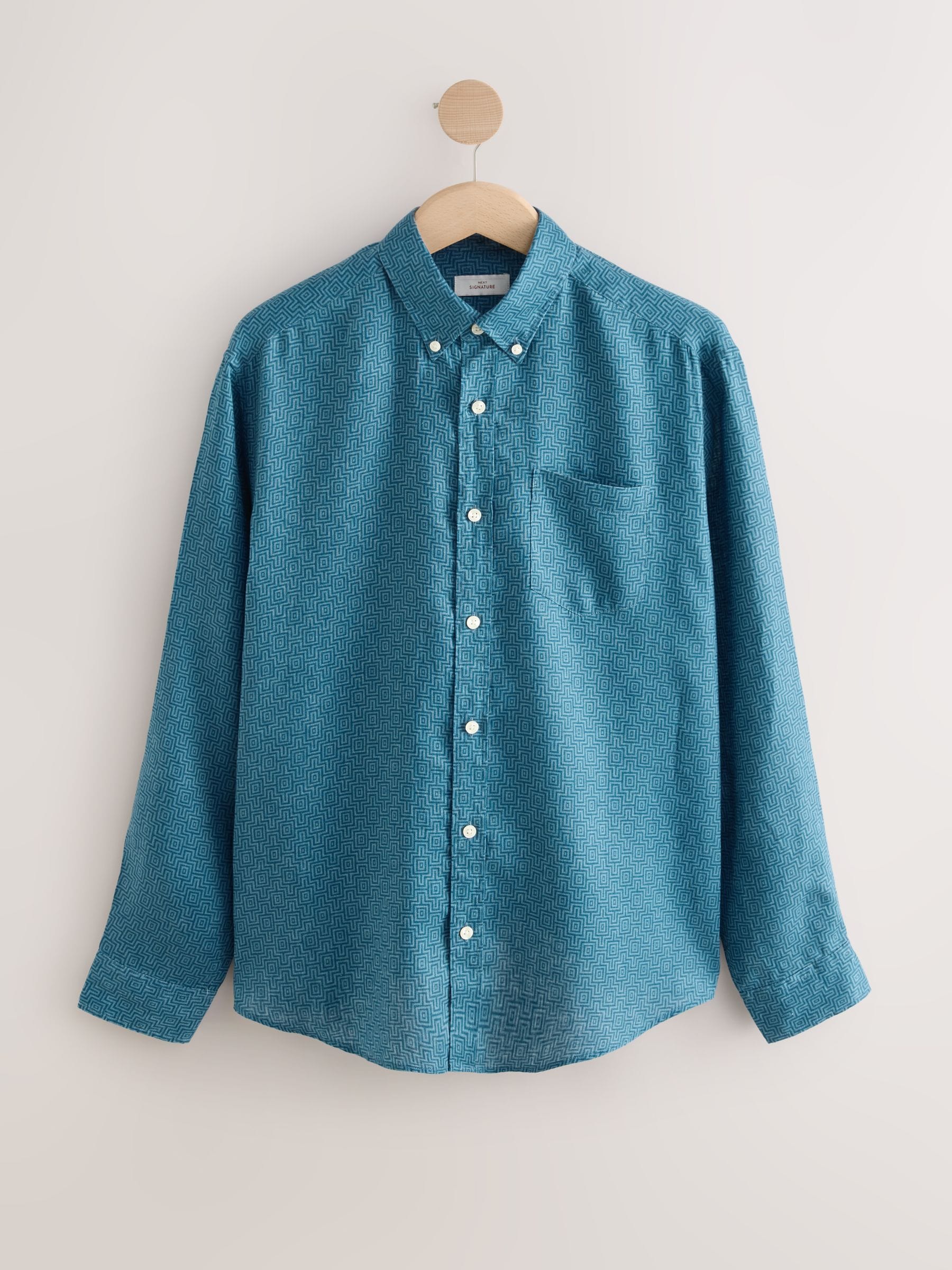 Buy Blue Signature Printed Long Sleeve 100% Linen Shirt from Next