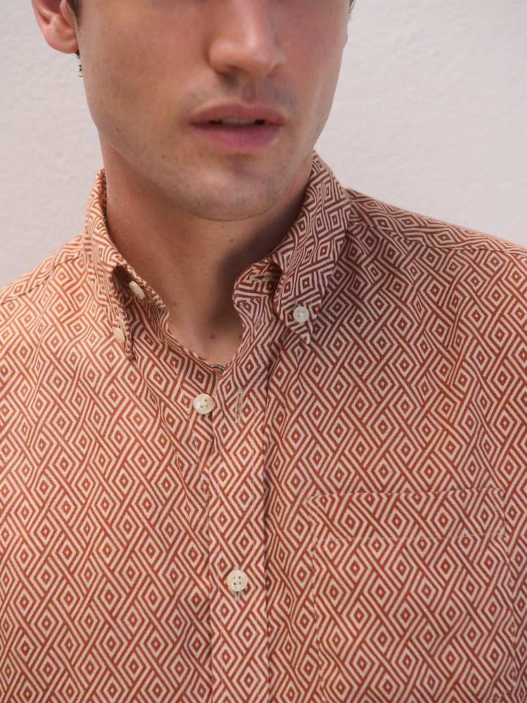 Rust Brown Signature Printed Long Sleeve 100% Linen Shirt - Image 4 of 7