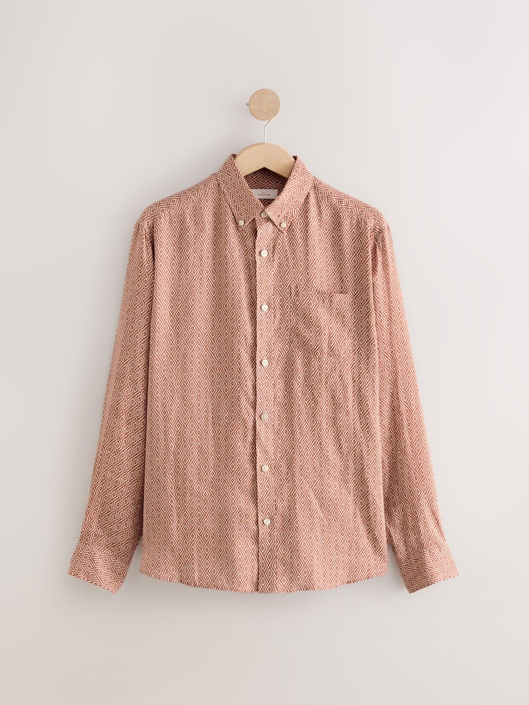 Rust Brown Signature Printed Long Sleeve 100% Linen Shirt - Image 6 of 7