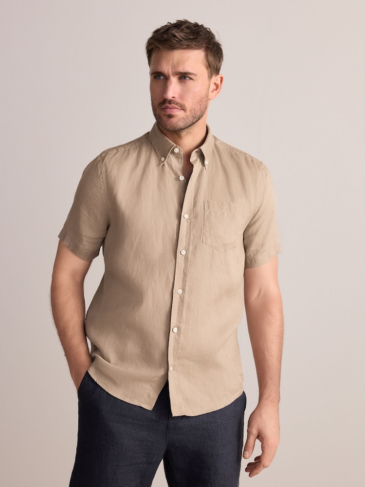 Pedra natural - Camisa de manga curta Signature 100% em linho - Imagem 1 de 8