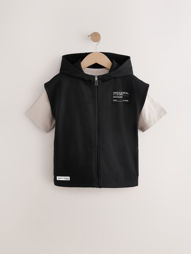 Black Dropped Shoulder Sleeveless Zip Through Hoodie and T-Shirt Set (3-16yrs) - Image 1 of 5