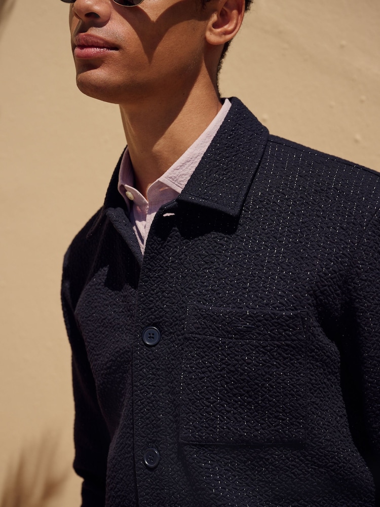 Navy Textured Shacket with Stitch Detail - Image 1 of 9