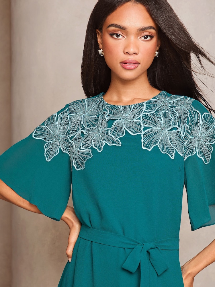 Lipsy Teal Blue Applique Belted Mini Shift Dress - Image 2 of 4