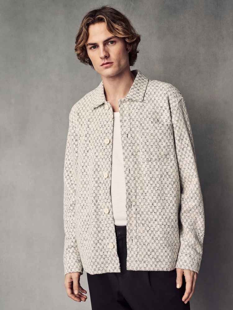 Neutral Two Tone Textured Button Through Shacket - Image 2 of 11