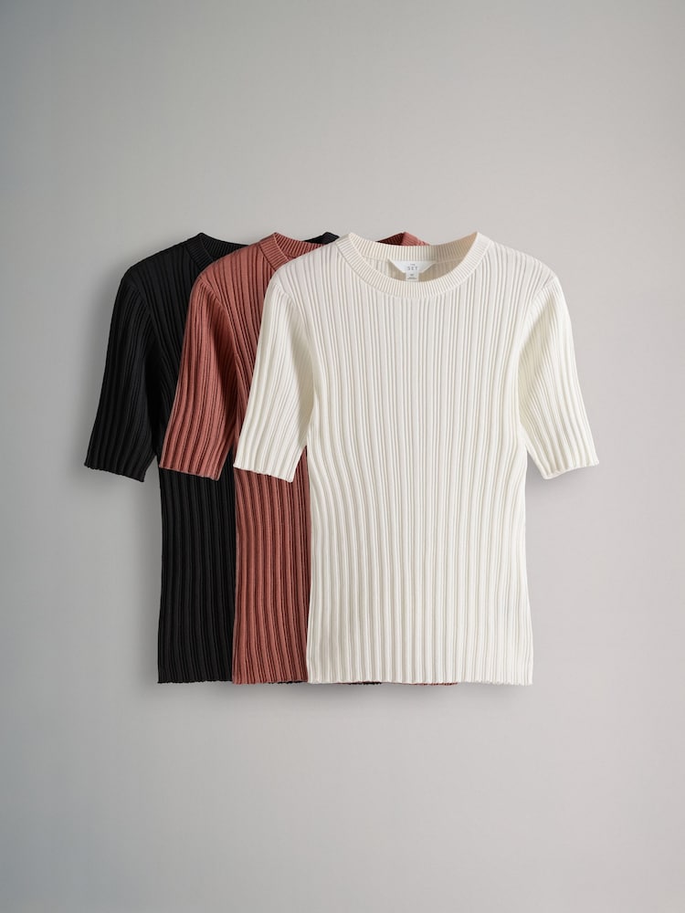 The Set Cream/Clay/Black 3 Pack Knitted Ribbed Short Sleeve Top - Image 2 of 13
