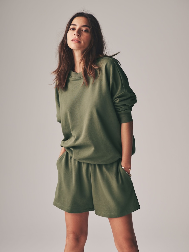 The Set Sage Green 2 Piece Lightweight Relaxed Sweatshirt / Sweat Short Coord Set - Image 1 of 12
