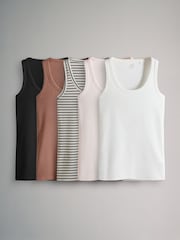 The Set Black/Rust/Cream/Peach Pink/Ecru Stripe 5 Pack Ribbed Scoop Neck Vests - Image 1 of 8