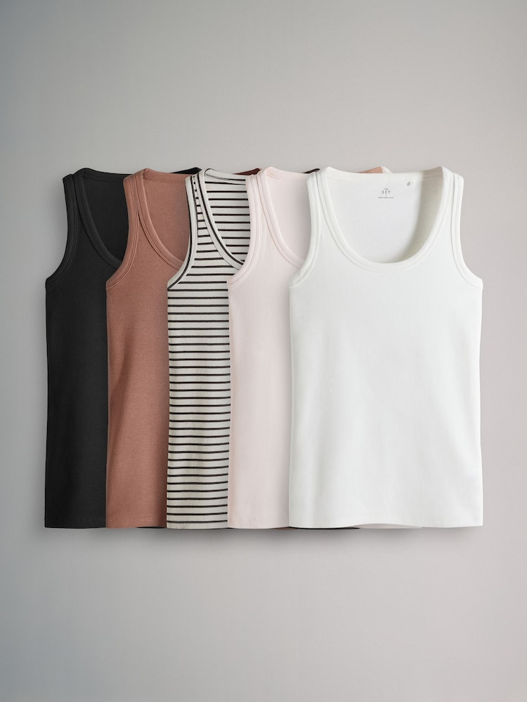 The Set Black/Rust/Cream/Peach Pink/Ecru Stripe 5 Pack Ribbed Scoop Neck Vests - Image 1 of 8