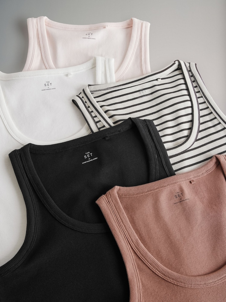 The Set Black/Rust/Cream/Peach Pink/Ecru Stripe 5 Pack Ribbed Scoop Neck Vests - Image 7 of 8