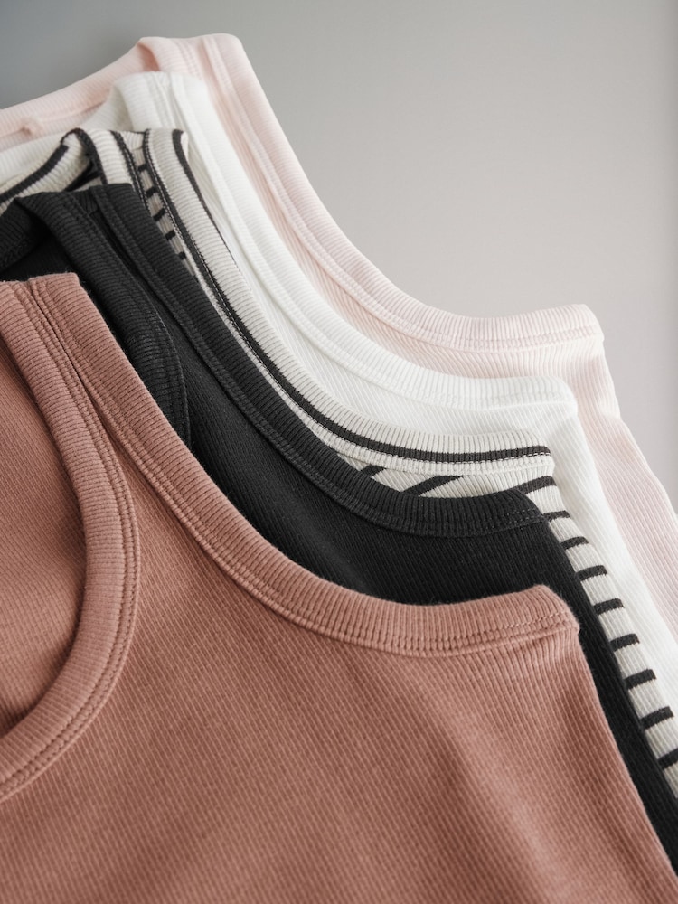 The Set Black/Rust/Cream/Peach Pink/Ecru Stripe 5 Pack Ribbed Scoop Neck Vests - Image 8 of 8